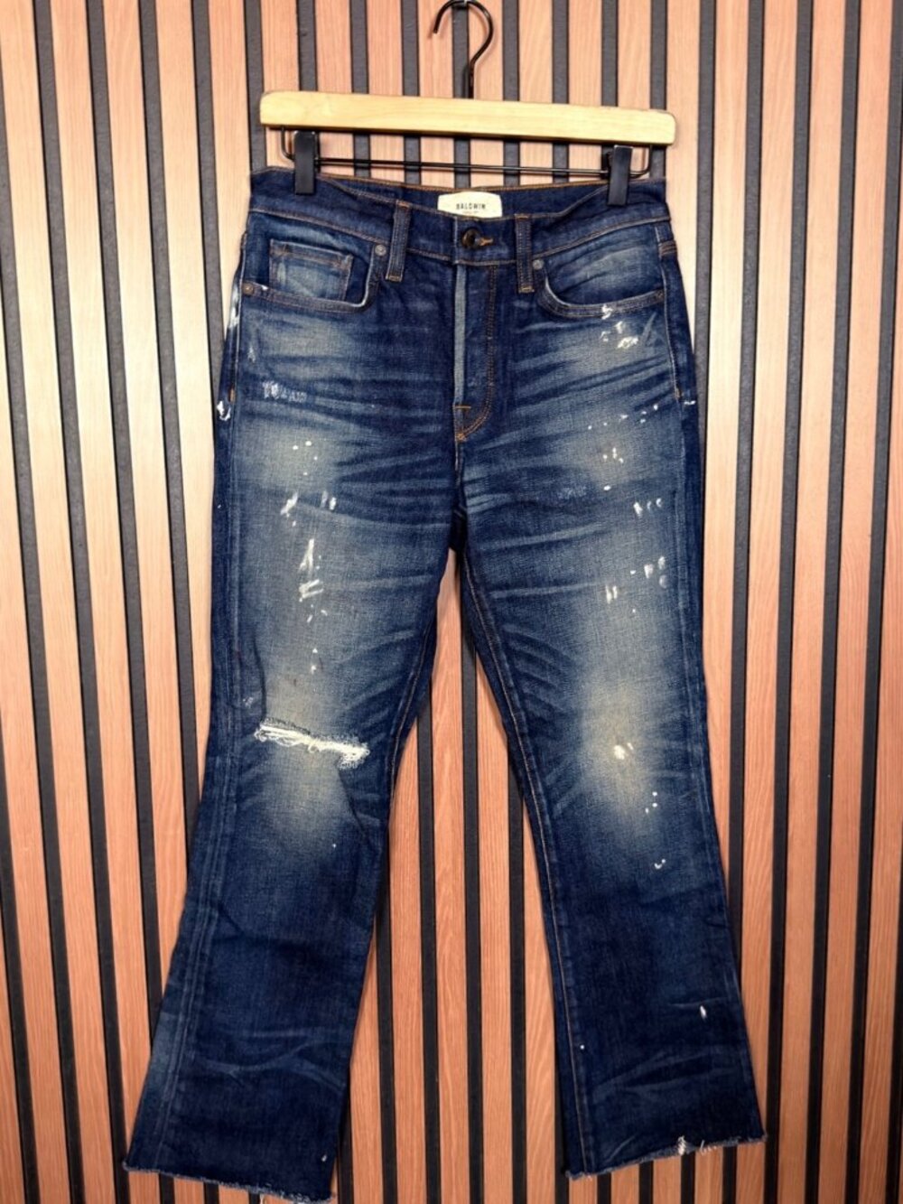 Baldwin Jeans 26 Womens Blue Maxwell Straight Dark Wash Denim Destroyed Denim